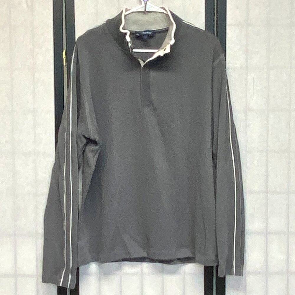 Hathaway Gray XL Mock Turtleneck Rib Sweater Long Sleeve 1/4 Snap Stripe Sleeve